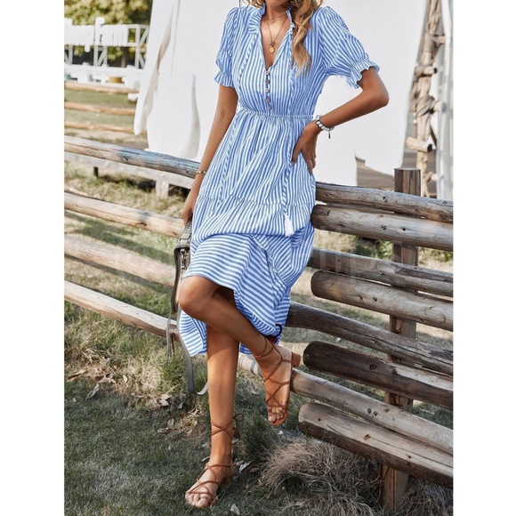 Striped Blue White V-Neck Midi Dress Babydoll Fit & Flared Tassel Ties - Picture 5 of 6